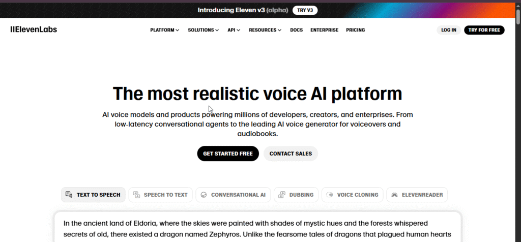This Image Screen Shoot Eleven Labs Ai Home Page